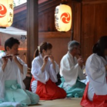 Villagers play traditional Shinto music throughout the evening